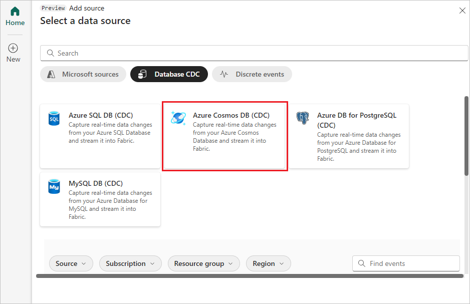 Captura de tela mostrando a seleção do Azure Cosmos DB (CDA).