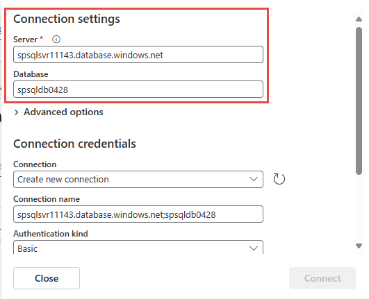 Captura de tela mostrando a seção Configurações de conexão da página Nova conexão.