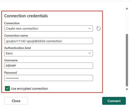 Captura de tela mostrando a seção Credenciais de conexão da página Nova conexão.