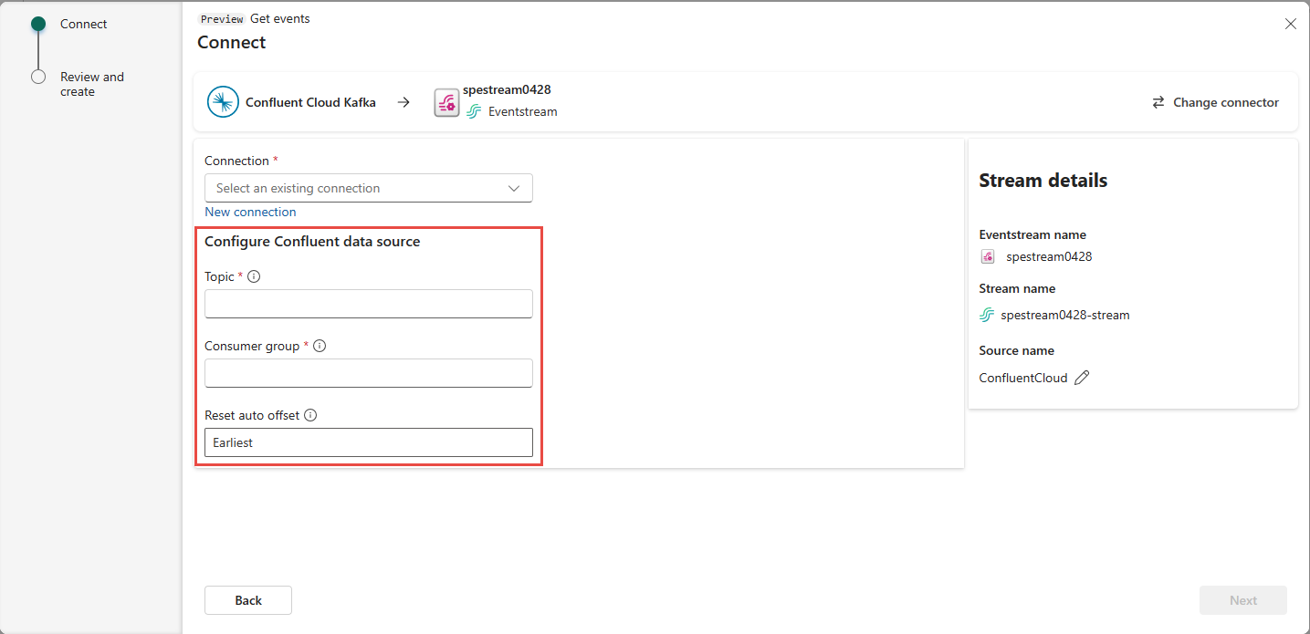 Captura de tela mostrando a segunda página (Configurar página de fonte de dados do Confluent) das configurações de conexão do Confluent.