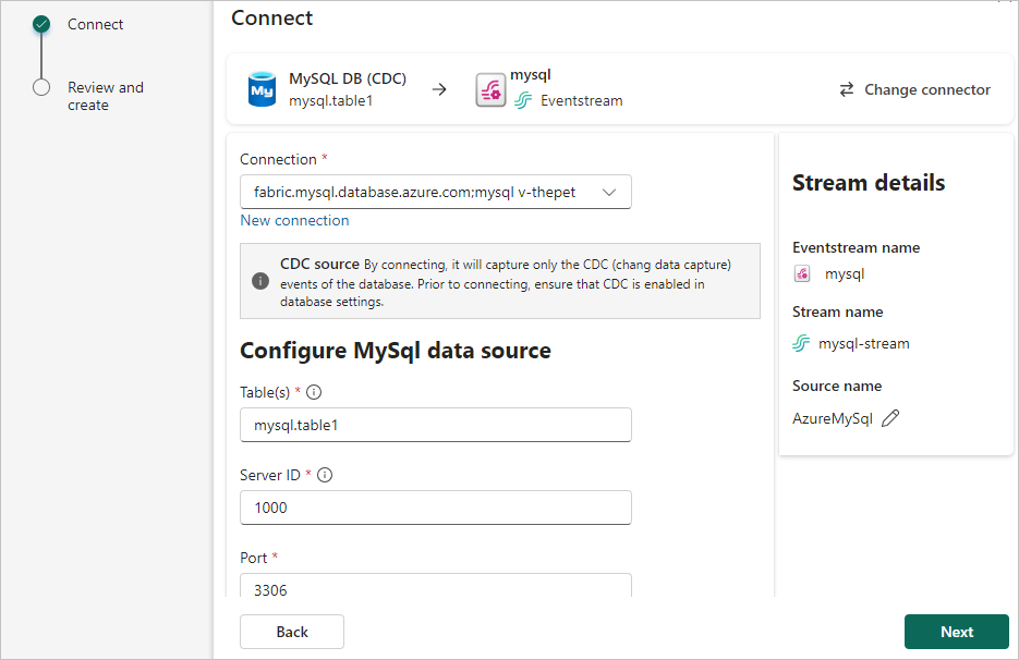 Uma captura de tela da seleção de Tabelas, ID do Servidor e Porta para a conexão do BD MySQL do Azure (CDA).