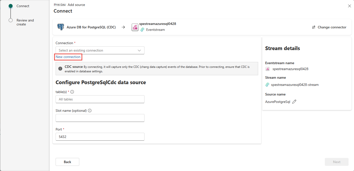 Captura de tela mostrando a página Conectar de um Banco de Dados PostgreSQL do Azure com o link Nova conexão em destaque.