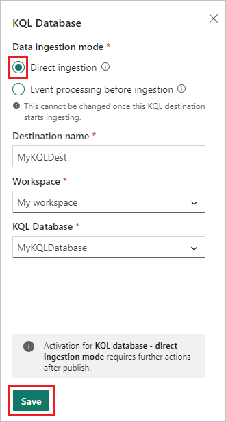 Captura de tela da tela de configuração do Banco de Dados KQL.