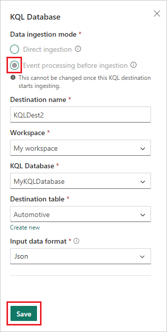 Captura de tela mostrando a configuração do Banco de Dados KQL para Processamento de eventos antes da ingestão.