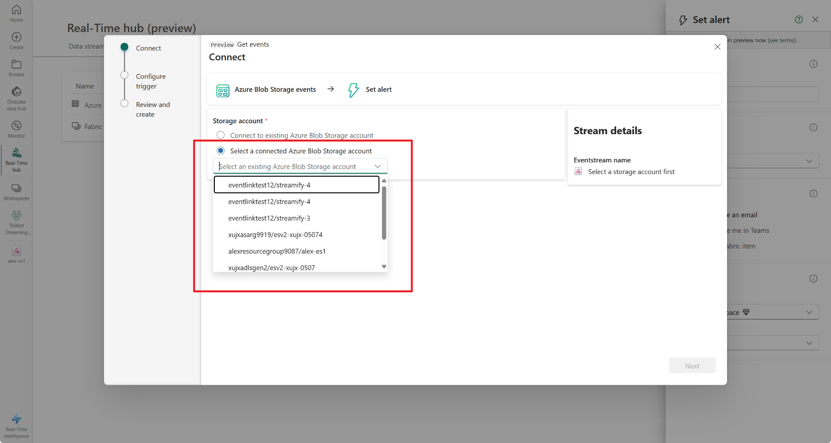 Captura de tela da página Eventos do Armazenamento de Blobs do Azure no hub em tempo real.