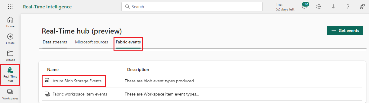 Captura de tela da seleção de Eventos do Armazenamento de Blobs do Azure em Eventos do Fabric no Hub em tempo real.
