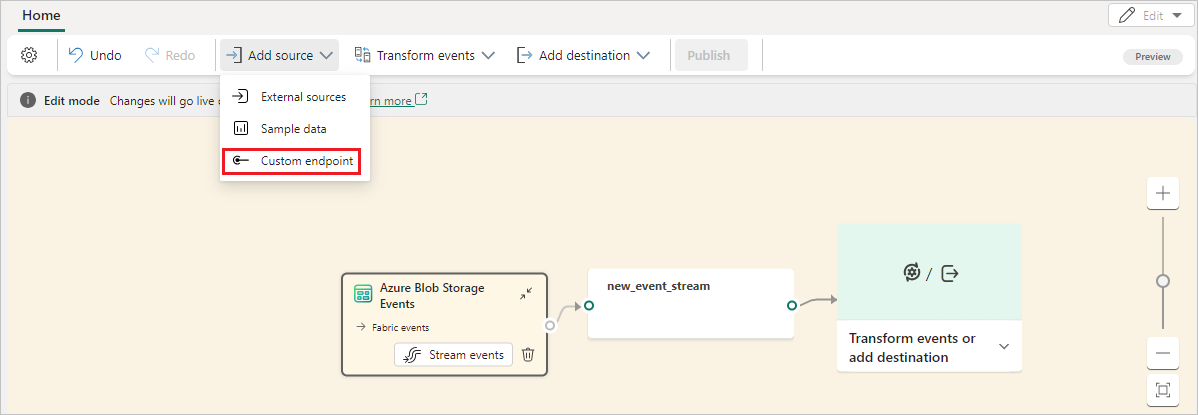 Uma captura de tela da seleção Ponto de extremidade personalizado para adicionar a um Eventstream existente.