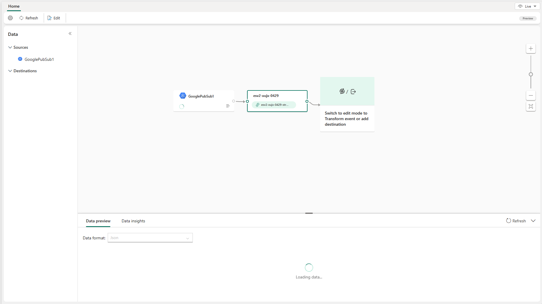 Uma captura de tela do Eventstream publicado com a origem do Pub/Sub do Google Cloud na Exibição ao vivo.