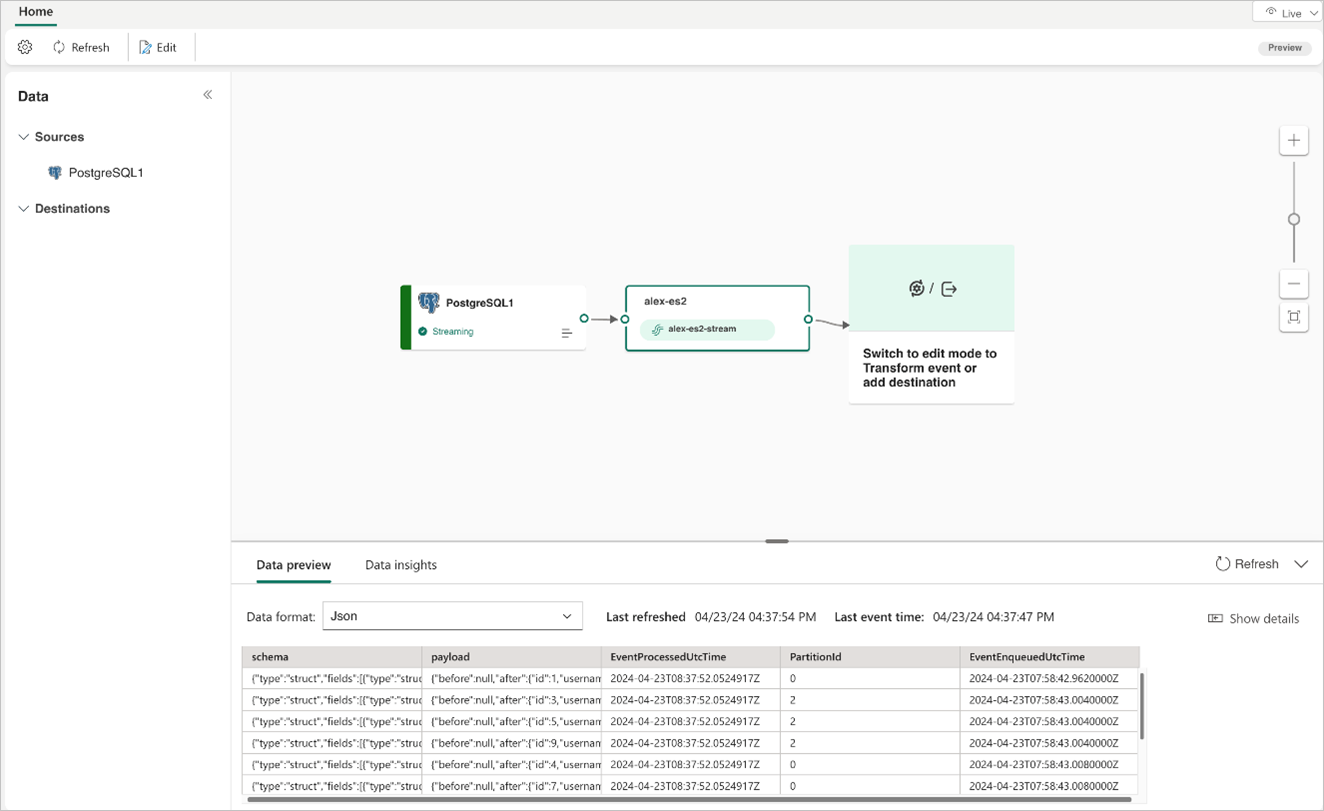 Captura de tela dos fluxos de origem da CDA do BD para PostgreSQL na Exibição ao vivo.