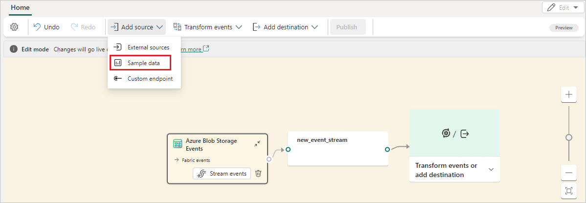 Captura de tela da seleção Amostra de dados a ser adicionada a um Eventstream existente.