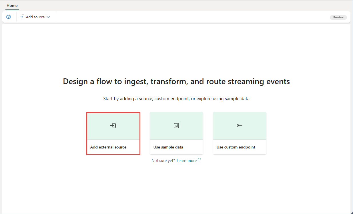 Captura de tela mostrando um novo eventstream com o bloco Adicionar origem externa escolhida.