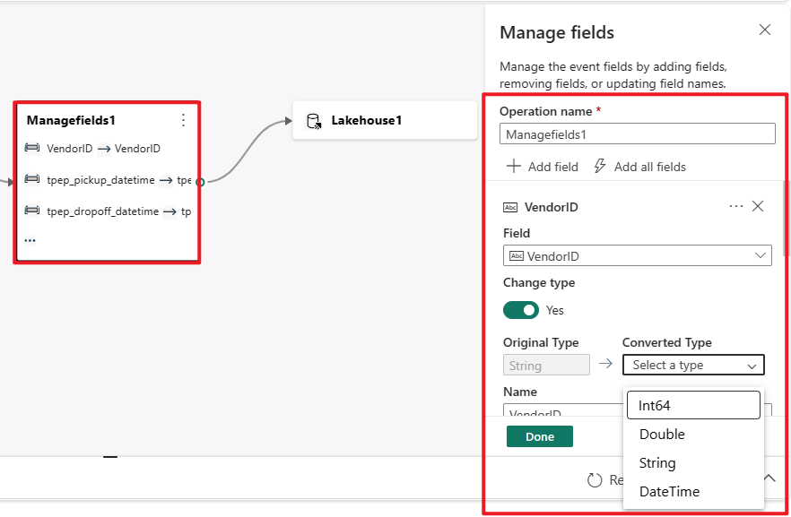 Captura de tela mostrando o operador de gerenciamento de campo do editor disponível no processador de eventos.