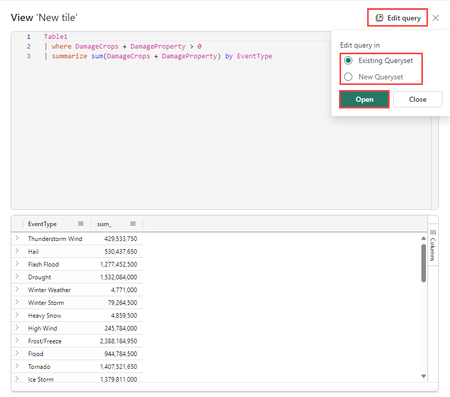 Captura de tela mostrando o modo de exibição da consulta de exibição de dahsboards em tempo real com opções para edição adicional no conjunto de consultas KQL na Inteligência em Tempo Real do Microsoft Fabric.