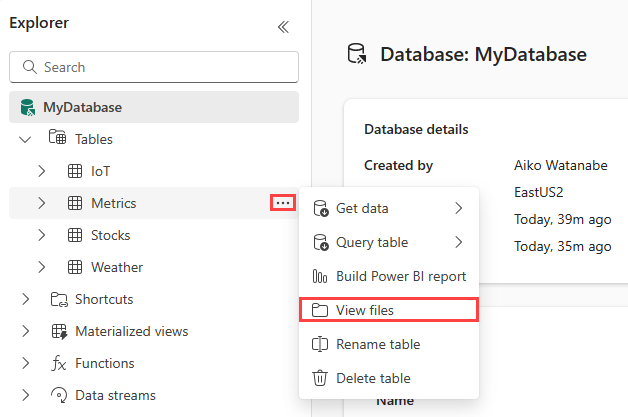 Captura de tela do painel Explorer mostrando o menu suspenso Mais de uma tabela.