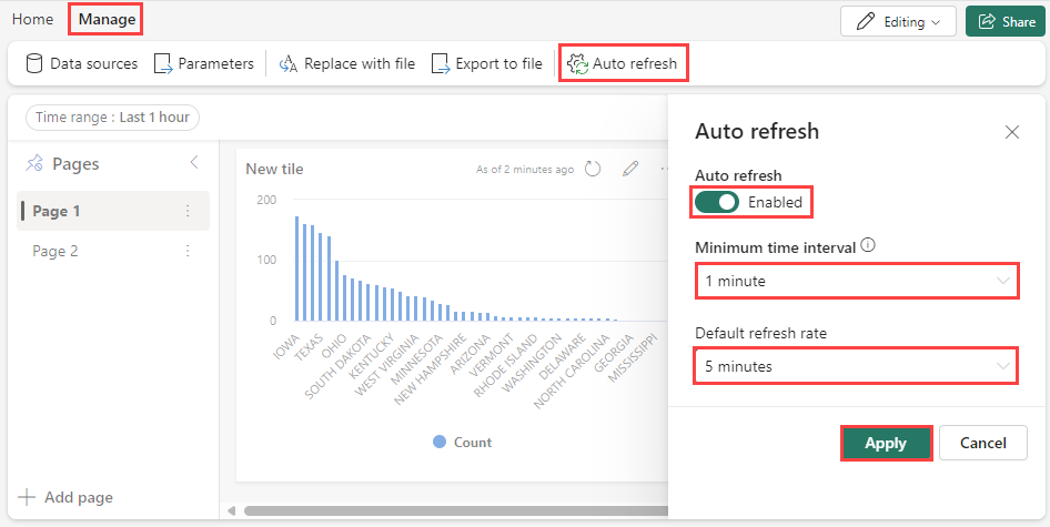 Captura de tela do painel de atualização automática em dashboards em tempo real.