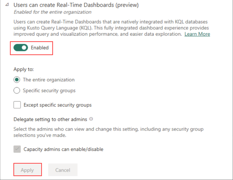 Captura de tela da habilitação das configurações do locatário para Dashboards em Tempo Real.