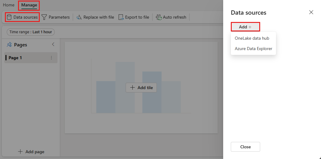 Captura de tela mostrando a adição de uma nova fonte de dados a um dashboard em tempo real na Inteligência em Tempo real do Microsoft Fabric.