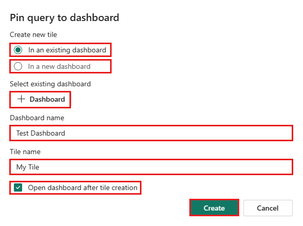 Captura de tela da janela Fixar consulta ao dashboard.