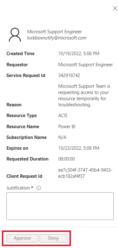 Captura de tela dos botões aprovar e negar de uma solicitação pendente do Sistema de Proteção de Dados do Cliente para o Microsoft Azure.