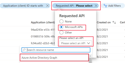 Filtrar aplicações que utilizam o Azure AD Graph.