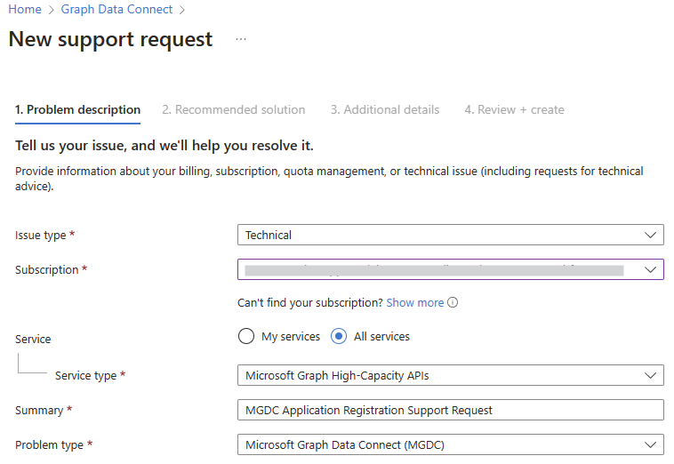 Captura de ecrã que mostra a seleção de tópicos num pedido de suporte do Azure para se referir a um problema com o Microsoft Graph Data Connect.