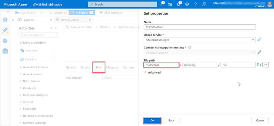 Captura de ecrã da página Recursos de fábrica do portal do Azure com o campo caminho do ficheiro realçado.