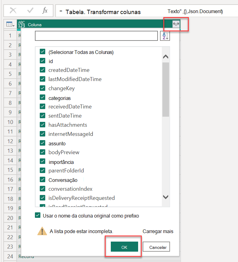 Uma captura de ecrã que mostra como carregar todas as colunas no Power BI.