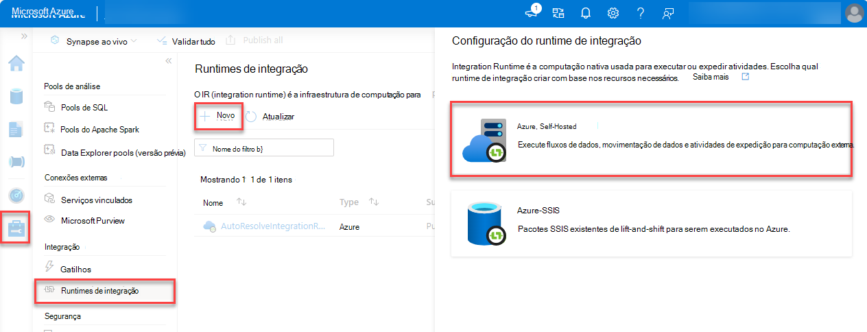 Uma captura de ecrã da configuração do runtime de integração com o Azure, Self-Hosted realçada.