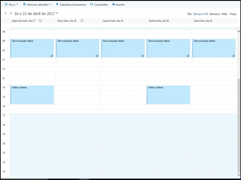 Calendário de trabalho do organizador de 17 a 21 de abril mostrando horários livres