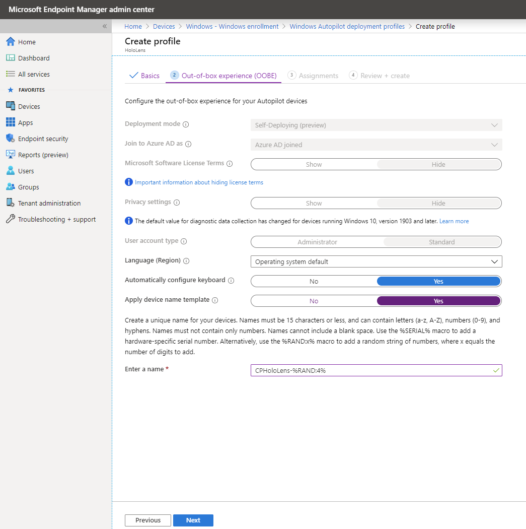 Definição das configurações do OOBE.