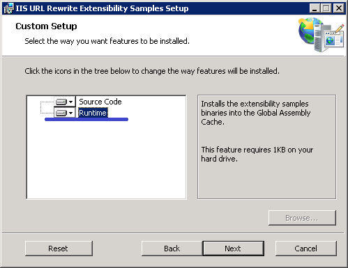 Captura de tela da caixa de diálogo Configuração de Exemplos de Extensibilidade de I i s u r l. O ícone Runtime é realçado.