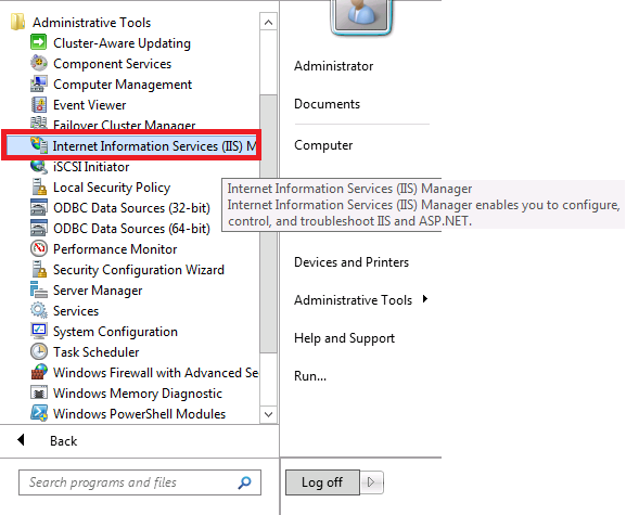 Captura de tela do menu Ferramentas Administrativas expandido com o Gerenciador dos Serviços de Informações da Internet I I S realçado.