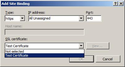 Screenshot of the Add Site Binding dialog with Type set to H T T P S and S S L certificate set to Test certificate.