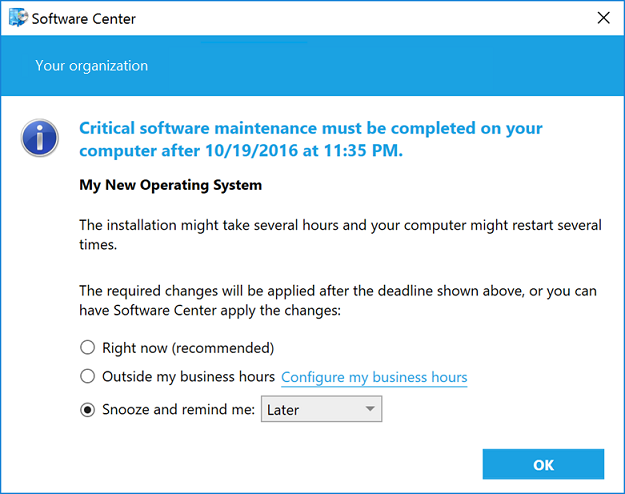 A caixa de diálogo de software necessária notifica você sobre a manutenção crítica do software