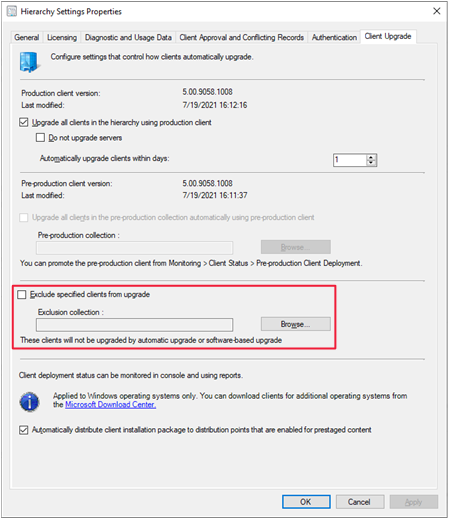 Janela configurações de hierarquia, guia de atualização do cliente, destacando as configurações de exclusão.