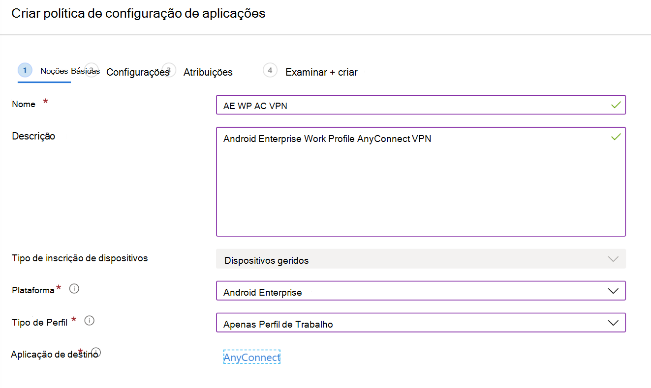 Criar uma política de configuração de aplicações para configurar VPN ou VPN por aplicação no Microsoft Intune