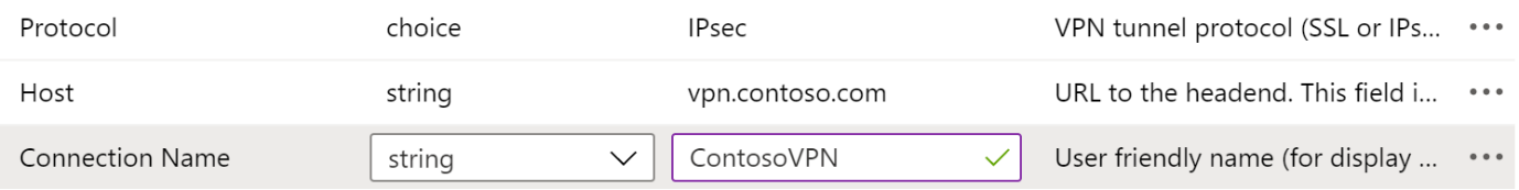 Exemplos de protocolo, nome de ligação e nome de anfitrião numa política de configuração de aplicações VPN no Microsoft Intune com o Estruturador de Configuração