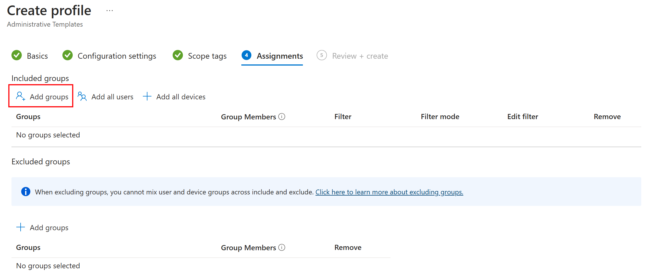 Captura de ecrã a mostrar Atribuir ou implementar o modelo de política do ADMX para utilizadores ou grupos no Microsoft Intune e no centro de administração do Intune.