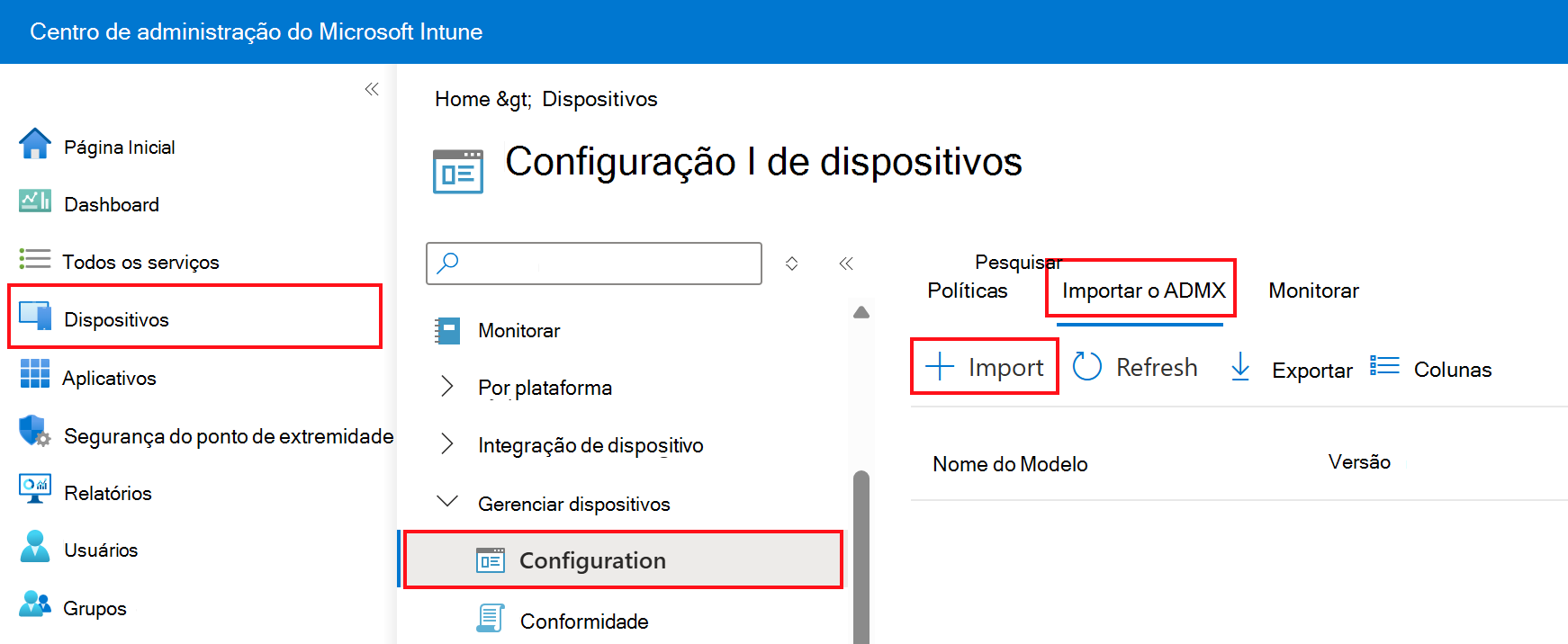 Captura de ecrã que mostra como adicionar ou importar ADMX e ADML personalizados. Aceda a Perfis de configuração de dispositivos >> Importar ADMX no Microsoft Intune e no centro de administração do Intune.