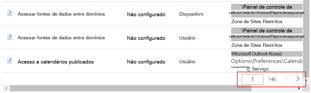 Veja uma lista de exemplo de definições e utilize os botões anteriores e seguintes no Centro de administração do Intune e no Microsoft Intune.