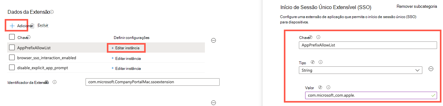 Captura de ecrã que mostra como configurar as definições de Dados da Extensão, como AppPrefixAllowList.