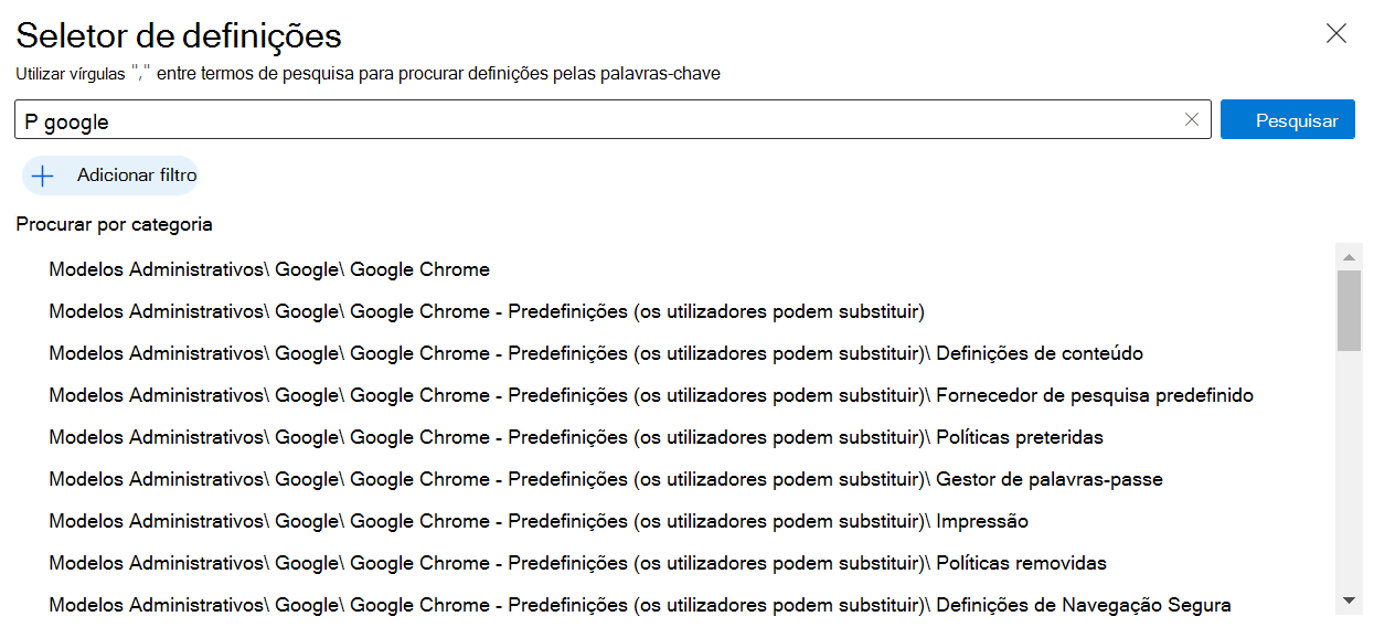 Captura de ecrã que mostra as definições do Google Chrome no catálogo de definições incorporado no Microsoft Intune e no centro de administração do Intune. Utilize estas definições para criar e configurar uma política do Google Chrome em dispositivos Windows.