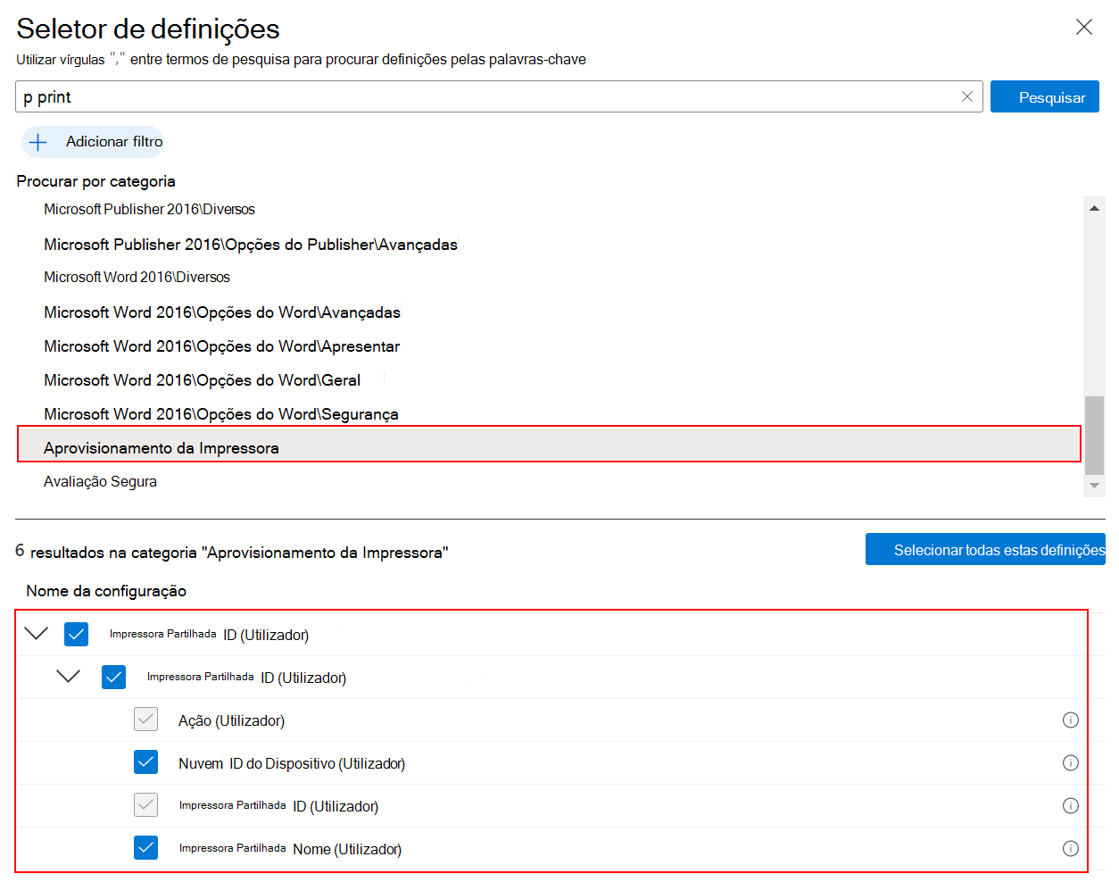 Captura de ecrã que mostra como selecionar o aprovisionamento de impressoras no catálogo de definições para criar uma política de impressão universal no Microsoft Intune e no centro de administração do Intune.