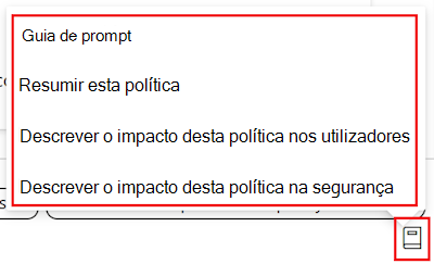 Captura de ecrã que mostra o guia de pedido de política copilot e uma lista dos pedidos disponíveis no catálogo de definições no Microsoft Intune e no centro de administração do Intune.