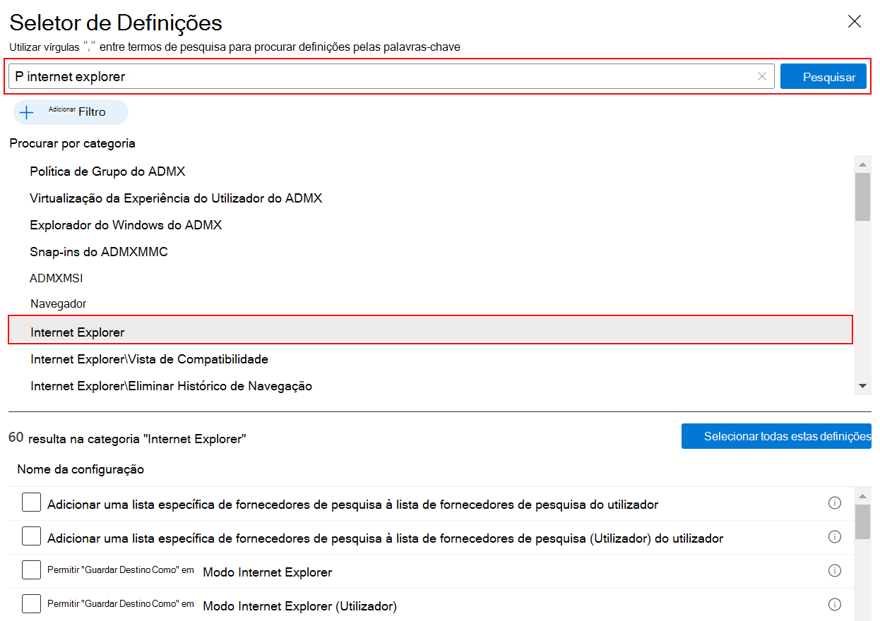 Captura de ecrã que mostra o catálogo de definições quando procura o Internet Explorer para ver todas as definições do Internet Explorer no Microsoft Intune e no centro de administração do Intune.