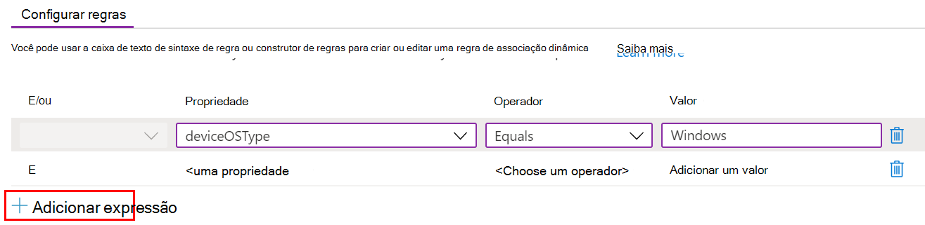 Screenshot that shows how to create a dynamic query, and add expressions in a Microsoft Intune administrative template.