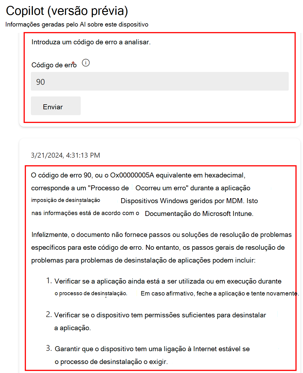 Captura de ecrã que mostra a funcionalidade Analisar um código de erro no Copilot depois de selecionar um dispositivo no Microsoft Intune ou no centro de administração do Intune.