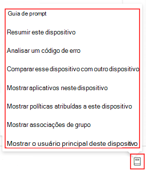 Captura de ecrã que mostra o guia de pedidos copilot depois de selecionar um dispositivo no Microsoft Intune ou no centro de administração do Intune.