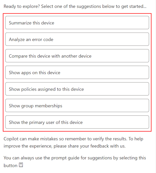 Captura de ecrã que mostra os pedidos de exemplo do Copilot depois de selecionar um dispositivo no Microsoft Intune ou no centro de administração do Intune.