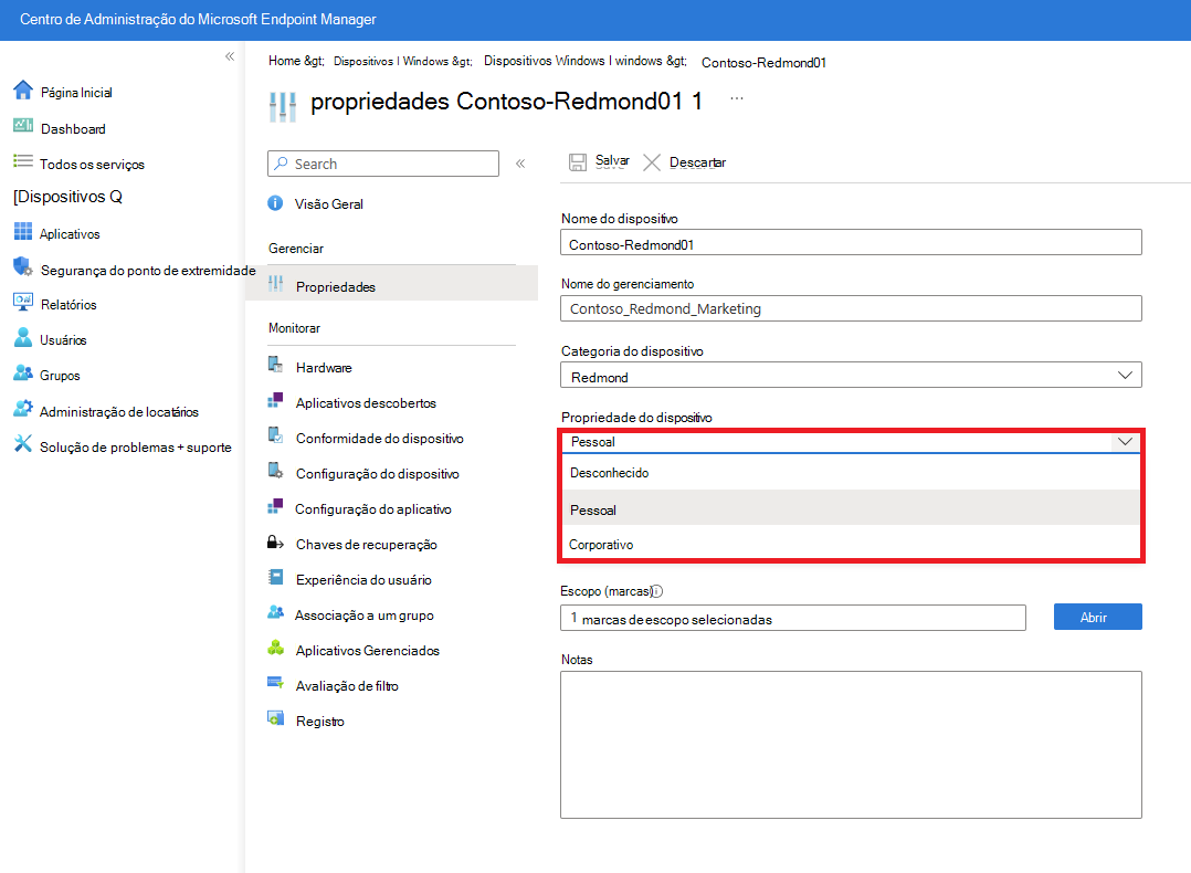 Captura de ecrã das propriedades do dispositivo gerido a mostrar as opções Categoria do dispositivo e Propriedade do dispositivo.